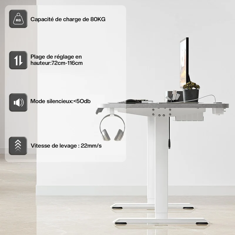 Bureau assis debout électrique avec multiprise et chargement sans fil