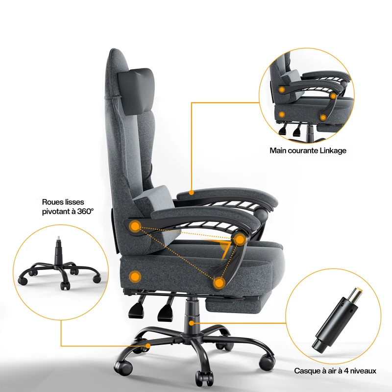 Chaise de bureau avec coussin lombaire de massage, chaise de jeu ergonomique