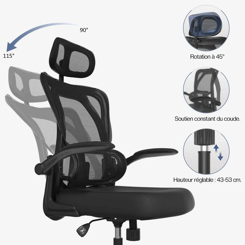 Furniwell Chaise de bureau ergonomique classique avec dossier haut réglable