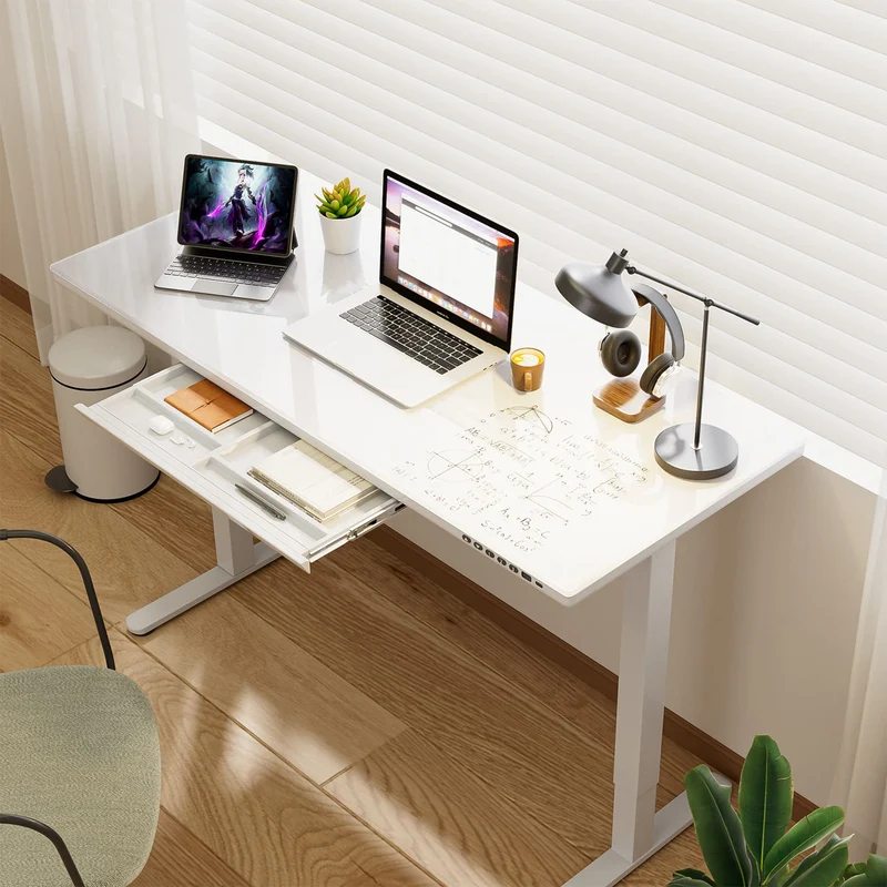 G2 Bureau ergonomique assis debout avec plateau en verre d'une seule pièce