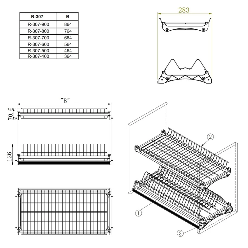 Plat égouttoir de séchage pour armoire de cuisine - Chrome 500mm