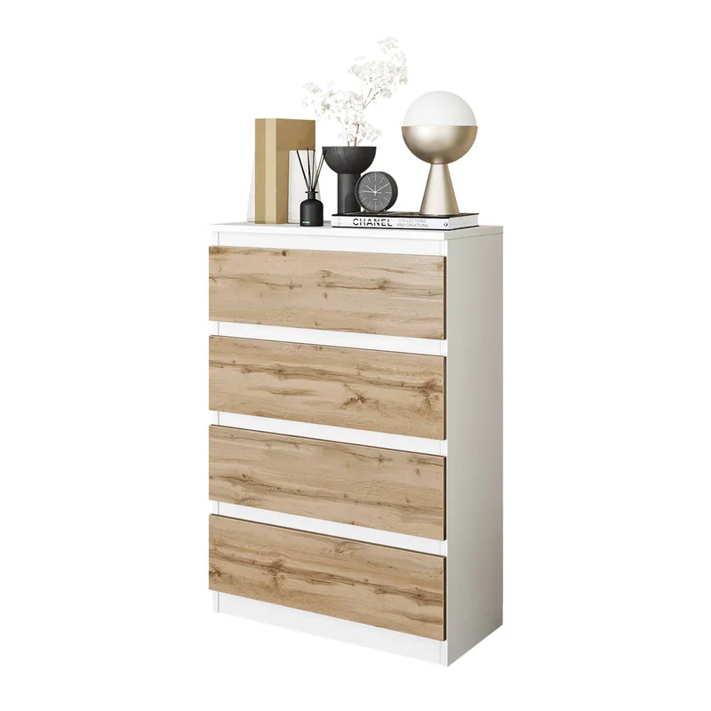 GABRIEL - Commode 4 Tiroirs - Table de Chevet Buffet - H92cm L60cm P33cm (Blanc / Chêne Wotan)