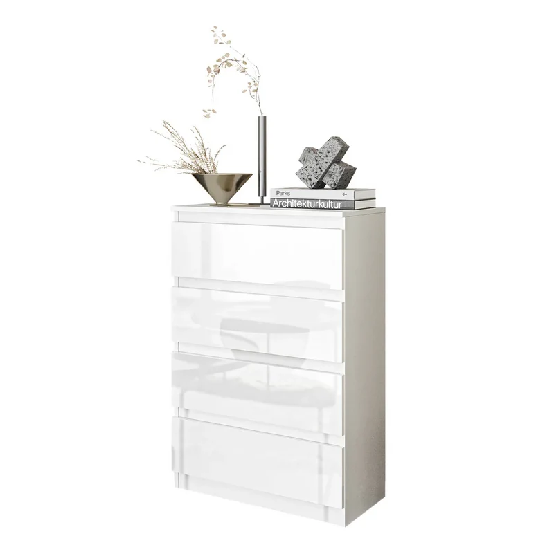 GABRIEL - Commode 4 Tiroirs - Table de Chevet Buffet - H92cm L60cm P33cm (Blanc Mat / Blanc Brillant)