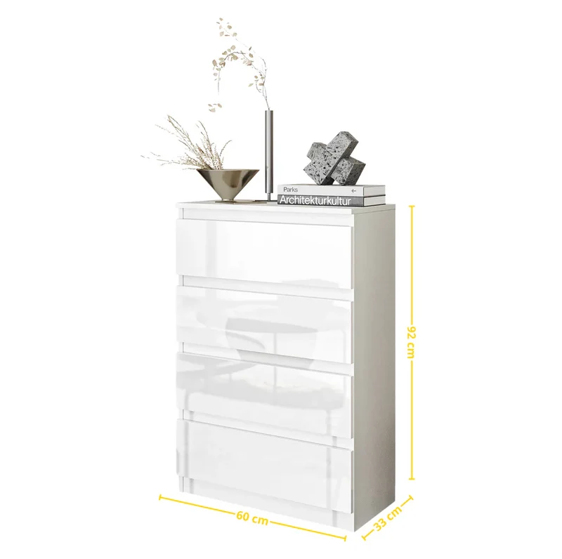 GABRIEL - Commode 4 Tiroirs - Table de Chevet Buffet - H92cm L60cm P33cm (Blanc Mat / Blanc Brillant)
