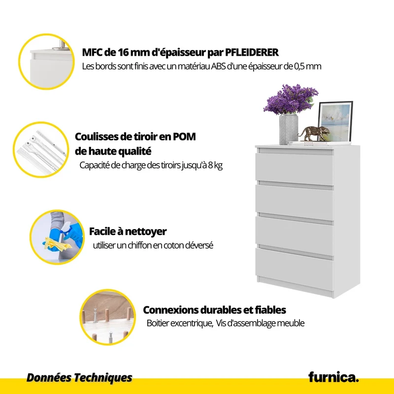 GABRIEL - Commode 4 Tiroirs - Table de Chevet Buffet - H92cm L60cm P33cm (Blanc Mat / Blanc Brillant)