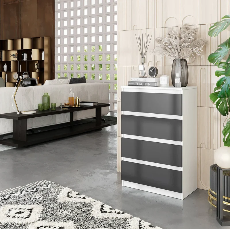 GABRIEL - Commode 4 Tiroirs - Table de Chevet Buffet - H92cm L60cm P33cm (Blanc Mat / Anthracite)