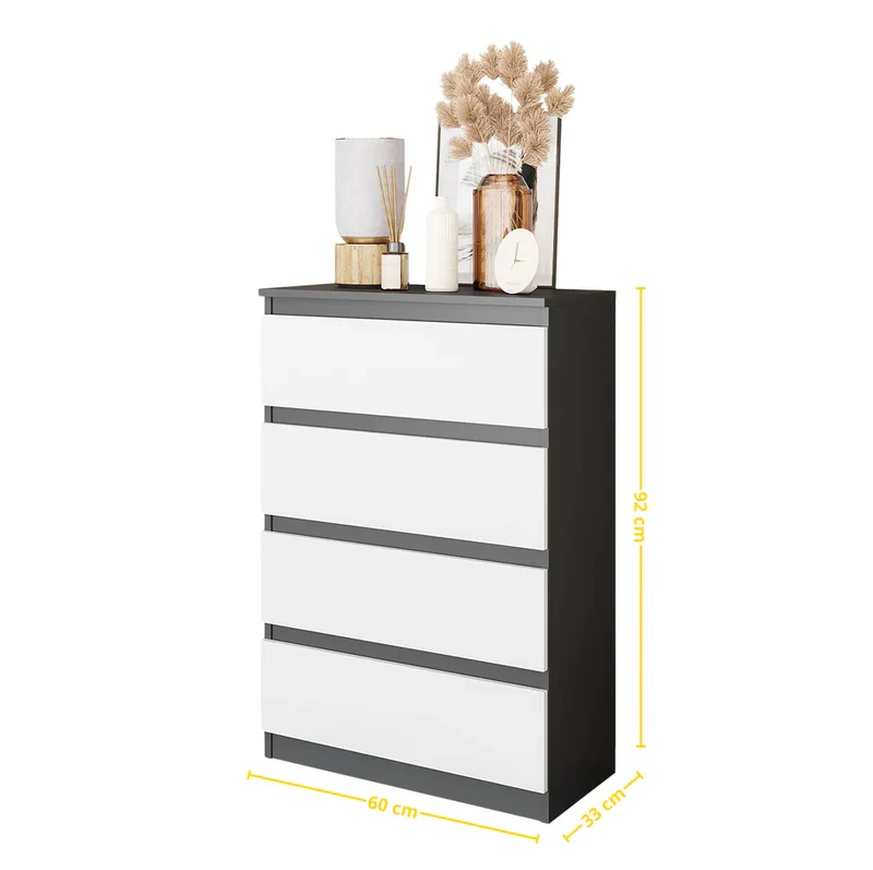 GABRIEL - Commode 4 Tiroirs - Table de Chevet Buffet - H92cm L60cm P33cm (Anthracite / Blanc Mat)