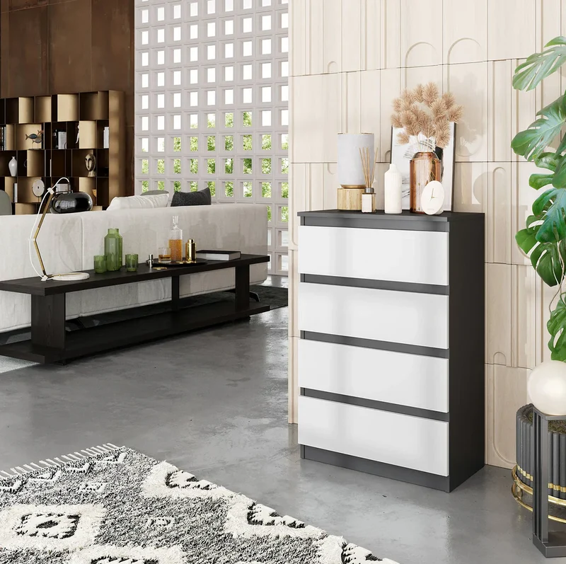 GABRIEL - Commode 4 Tiroirs - Table de Chevet Buffet - H92cm L60cm P33cm (Anthracite / Blanc Mat)