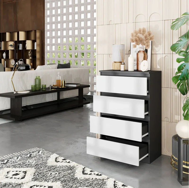 GABRIEL - Commode 4 Tiroirs - Table de Chevet Buffet - H92cm L60cm P33cm (Anthracite / Blanc Mat)