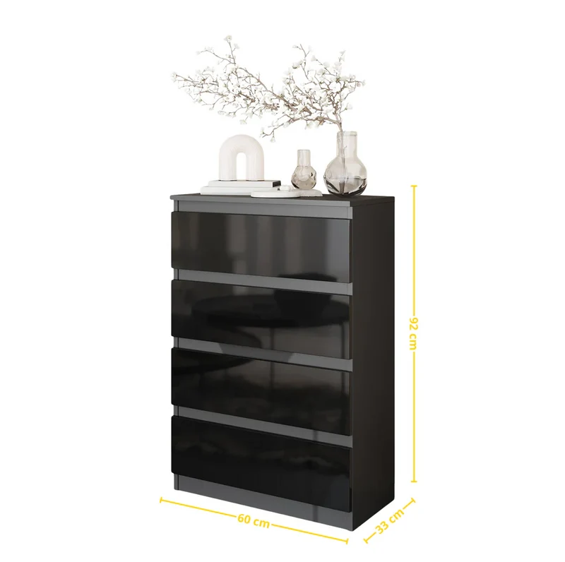 GABRIEL - Commode 4 Tiroirs - Table de Chevet Buffet - H92cm L60cm P33cm (Anthracite / Noir Brillant)