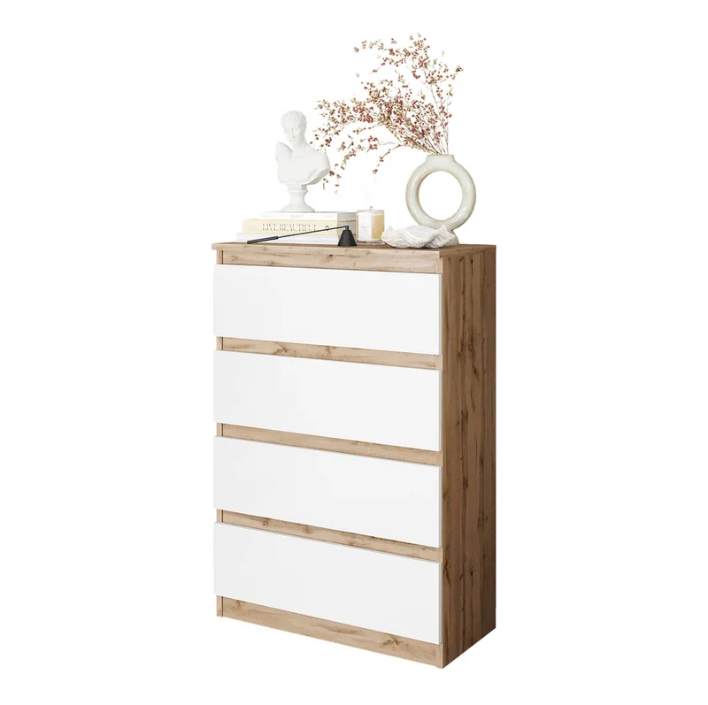 GABRIEL - Commode 4 Tiroirs - Table de Chevet Buffet - H92cm L60cm P33cm (Chêne Wotan / Blanc Mat)