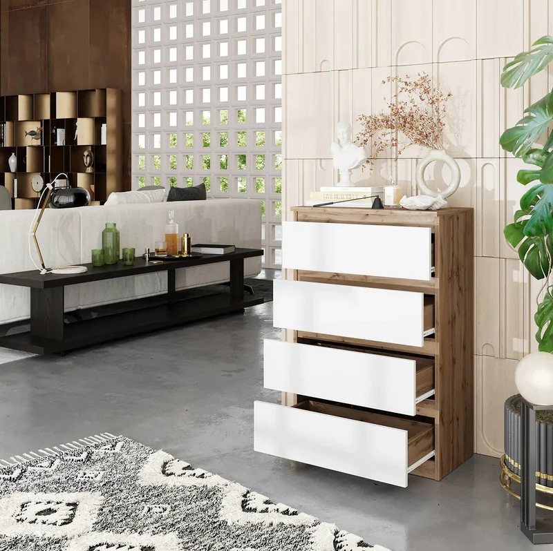 GABRIEL - Commode 4 Tiroirs - Table de Chevet Buffet - H92cm L60cm P33cm (Chêne Wotan / Blanc Mat)