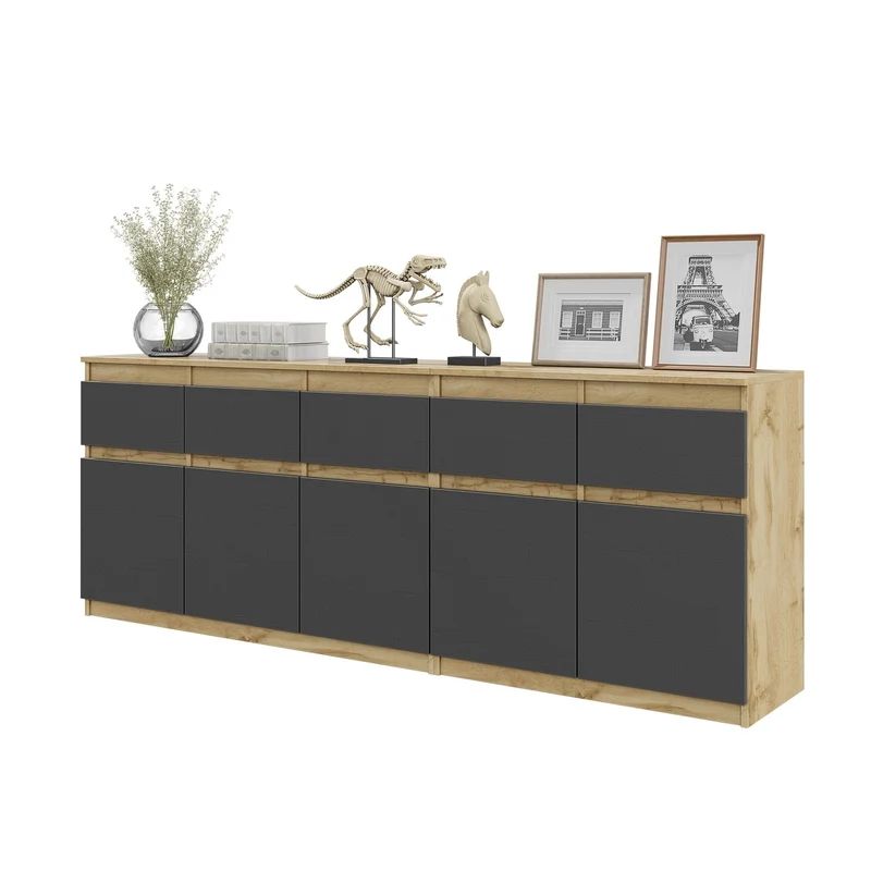 NOAH - Commode 5 Tiroirs et 5 Portes - Armoire de Rangement pour Couloir / Chambre à Coucher - Buffet - Chêne Wotan / Anthracite H75cm L200cm P35cm