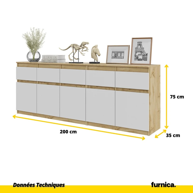 NOAH - Commode 5 Tiroirs et 5 Portes - Armoire de Rangement pour Couloir / Chambre à Coucher - Buffet - Chêne Wotan / Blanc Mat H75cm L200cm P35cm