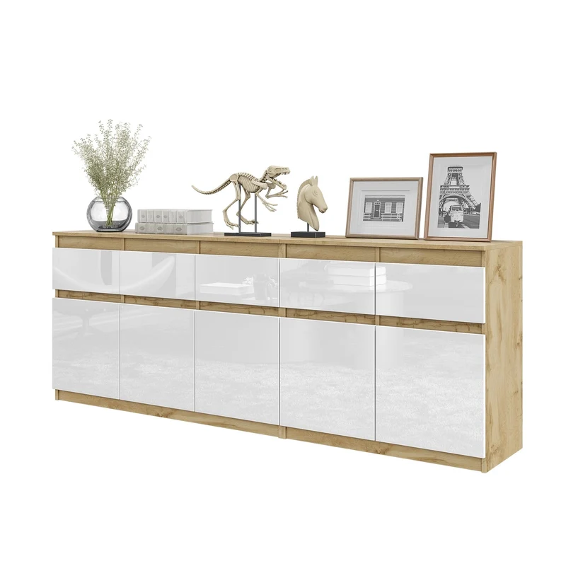 NOAH - Commode 5 Tiroirs et 5 Portes - Armoire de Rangement pour Couloir / Chambre à Coucher - Buffet - Chêne Wotan / Blanc Brillant H75cm L200cm P35cm
