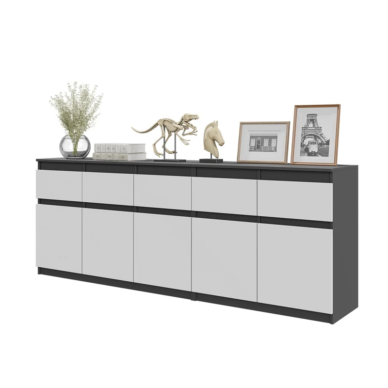 NOAH - Commode 5 Tiroirs et 5 Portes - Armoire de Rangement pour Couloir / Chambre à Coucher - Buffet - Anthracite / Blanc Mat H75cm L200cm P35cm