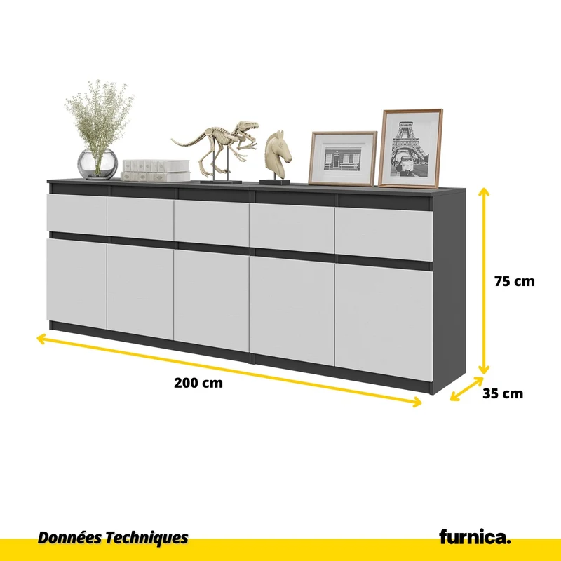 NOAH - Commode 5 Tiroirs et 5 Portes - Armoire de Rangement pour Couloir / Chambre à Coucher - Buffet - Anthracite / Blanc Mat H75cm L200cm P35cm