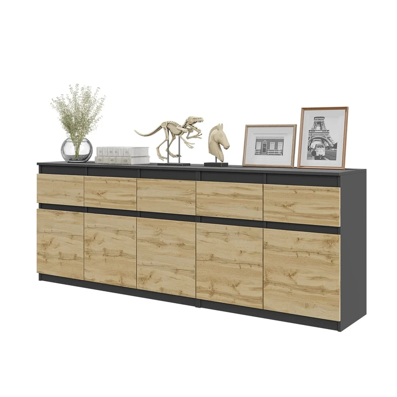 NOAH - Commode 5 Tiroirs et 5 Portes - Armoire de Rangement pour Couloir / Chambre à Coucher - Buffet - Anthracite / Chêne Wotan H75cm L200cm P35cm