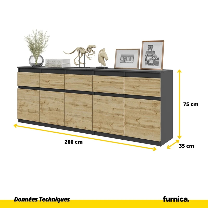 NOAH - Commode 5 Tiroirs et 5 Portes - Armoire de Rangement pour Couloir / Chambre à Coucher - Buffet - Anthracite / Chêne Wotan H75cm L200cm P35cm