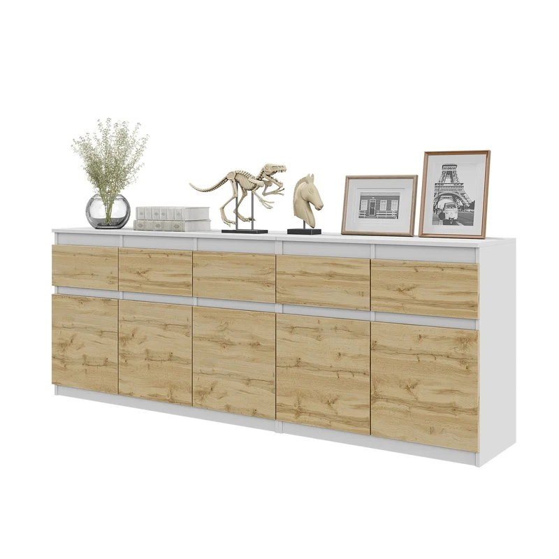 NOAH - Commode 5 Tiroirs et 5 Portes - Armoire de Rangement pour Couloir / Chambre à Coucher - Buffet - Blanc Mat / Chêne Wotan H75cm L200cm P35cm