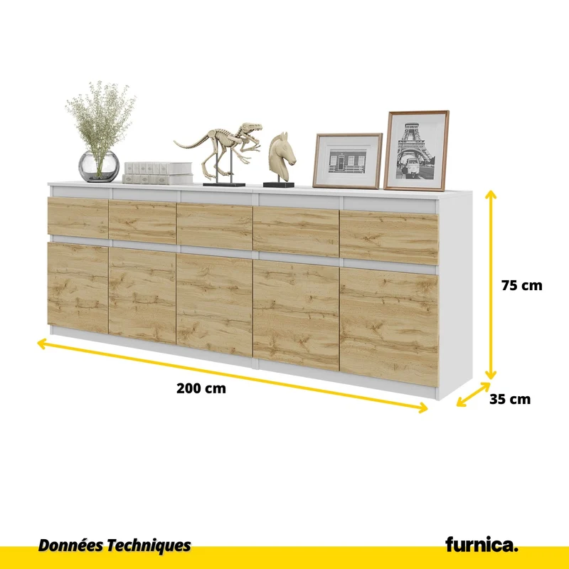 NOAH - Commode 5 Tiroirs et 5 Portes - Armoire de Rangement pour Couloir / Chambre à Coucher - Buffet - Blanc Mat / Chêne Wotan H75cm L200cm P35cm