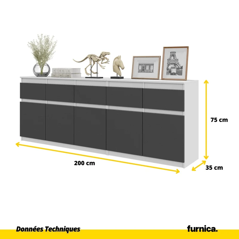 NOAH - Commode 5 Tiroirs et 5 Portes - Armoire de Rangement pour Couloir / Chambre à Coucher - Buffet - Blanc Mat / Anthracite H75cm L200cm P35cm