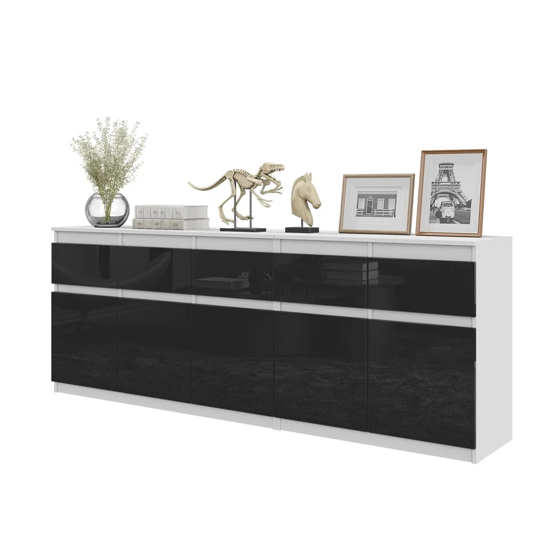 NOAH - Commode 5 Tiroirs et 5 Portes - Armoire de Rangement pour Couloir / Chambre à Coucher - Buffet - Blanc Mat / Noir Brillant H75cm L200cm P35cm