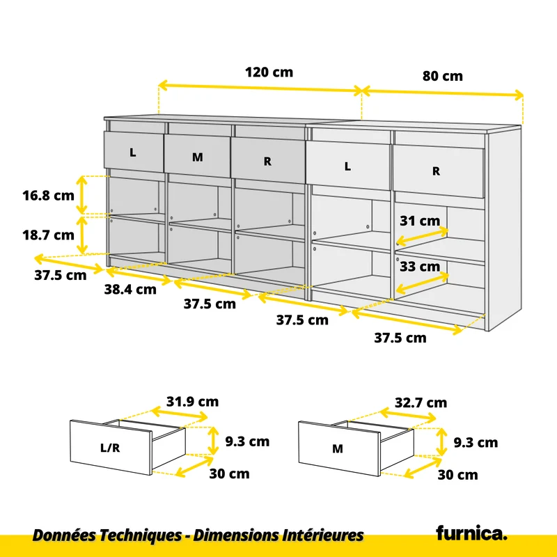 NOAH - Commode 5 Tiroirs et 5 Portes - Armoire de Rangement pour Couloir / Chambre à Coucher - Buffet - Blanc Mat / Noir Brillant H75cm L200cm P35cm