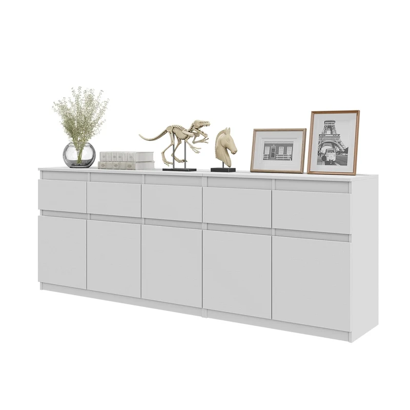 NOAH - Commode 5 Tiroirs et 5 Portes - Armoire de Rangement pour Couloir / Chambre à Coucher - Buffet - Blanc Mat H75cm L200cm P35cm