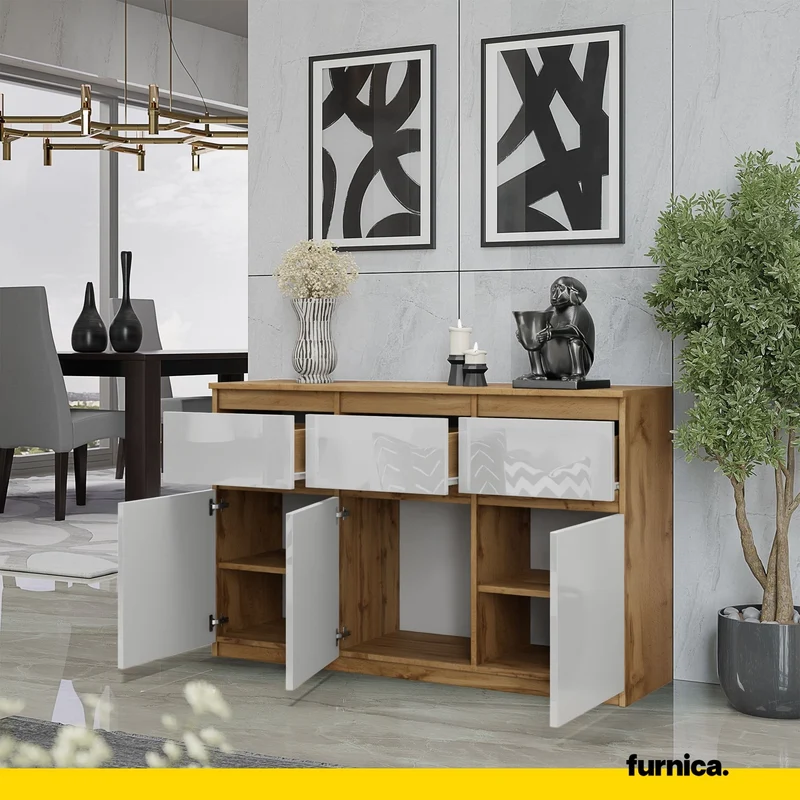 NOAH - Commode 3 Tiroirs et 3 Portes - Meuble de Rangement pour Couloir / Chambre - Buffet - H75cm L120cm P35cm (Chêne Wotan / Blanc Brillant)