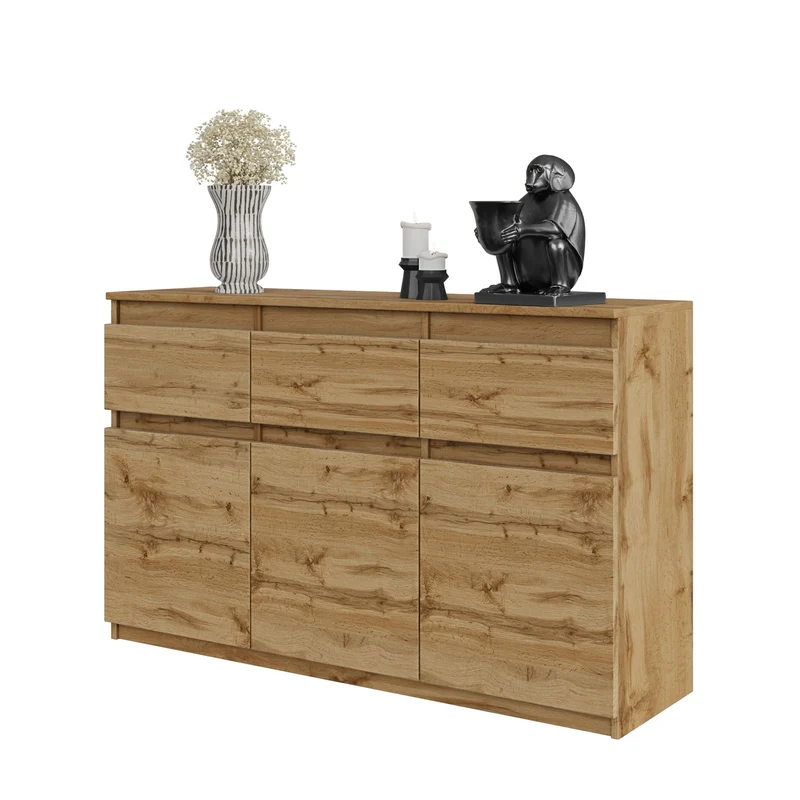 NOAH - Commode 3 Tiroirs et 3 Portes - Meuble de Rangement pour Couloir / Chambre - Buffet - H75cm L120cm P35cm (Chêne Wotan)