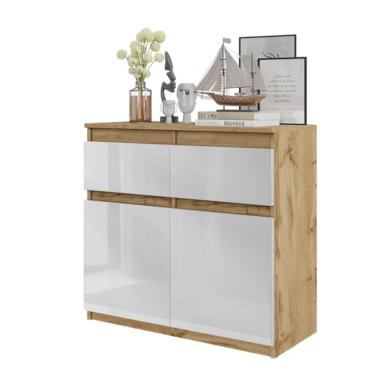 NOAH - Commode 2 Tiroirs et 2 Portes - Meuble de Rangement pour Couloir / Chambre - Buffet - H75cm L80cm P35cm (Chêne Wotan / Blanc Brillant)