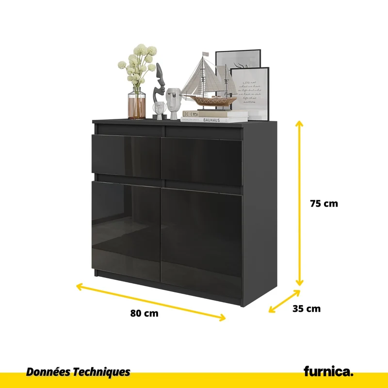 NOAH - Commode 2 Tiroirs et 2 Portes - Meuble de Rangement pour Couloir / Chambre - Buffet - H75cm L80cm P35cm (Anthracite / Noir Brillant)
