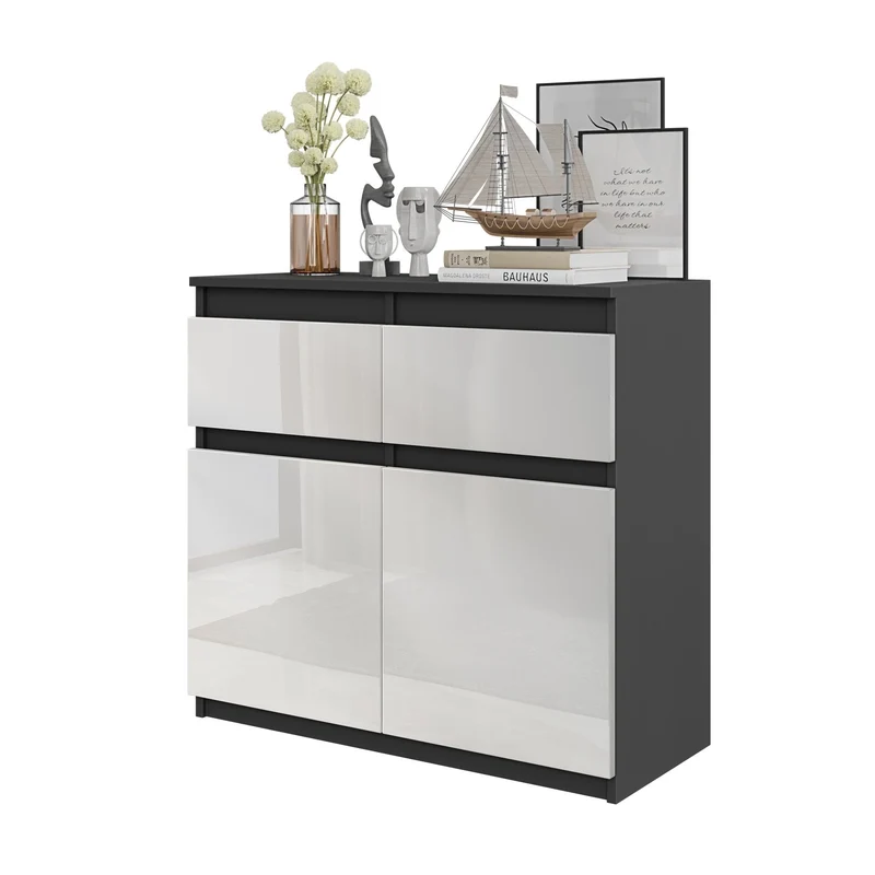 NOAH - Commode 2 Tiroirs et 2 Portes - Meuble de Rangement pour Couloir / Chambre - Buffet - H75cm L80cm P35cm (Anthracite / Blanc Brillant)