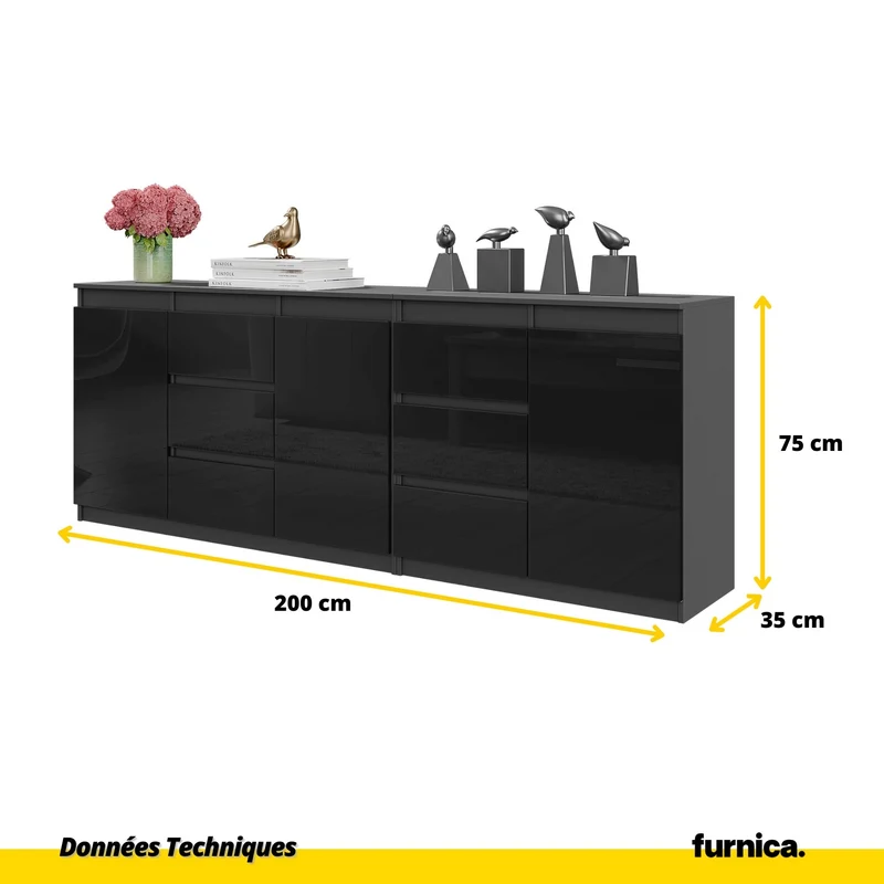 MIKEL - Commode 6 Tiroirs et 3 Portes - Armoire de Rangement pour Couloir / Chambre à Coucher - Buffet - Anthracite / Noir Brillant H75cm L200cm P35cm
