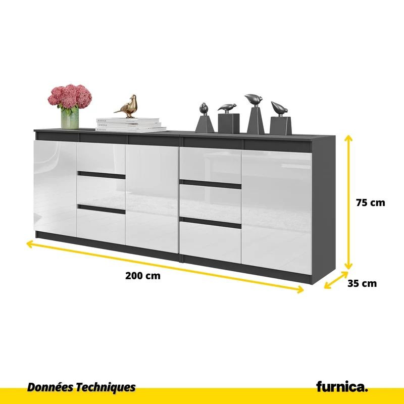 MIKEL - Commode 6 Tiroirs et 3 Portes - Armoire de Rangement pour Couloir / Chambre à Coucher - Buffet - Anthracite / Blanc Brillant H75cm L200cm P35cm
