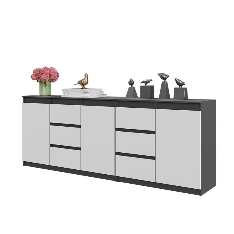 MIKEL - Commode 6 Tiroirs et 3 Portes - Armoire de Rangement pour Couloir / Chambre à Coucher - Buffet - Anthracite / Blanc Mat H75cm L200cm P35cm