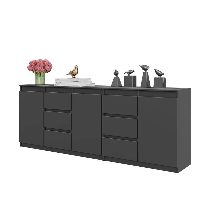 MIKEL - Commode 6 Tiroirs et 3 Portes - Armoire de Rangement pour Couloir / Chambre à Coucher - Buffet - Anthracite H75cm L200cm P35cm