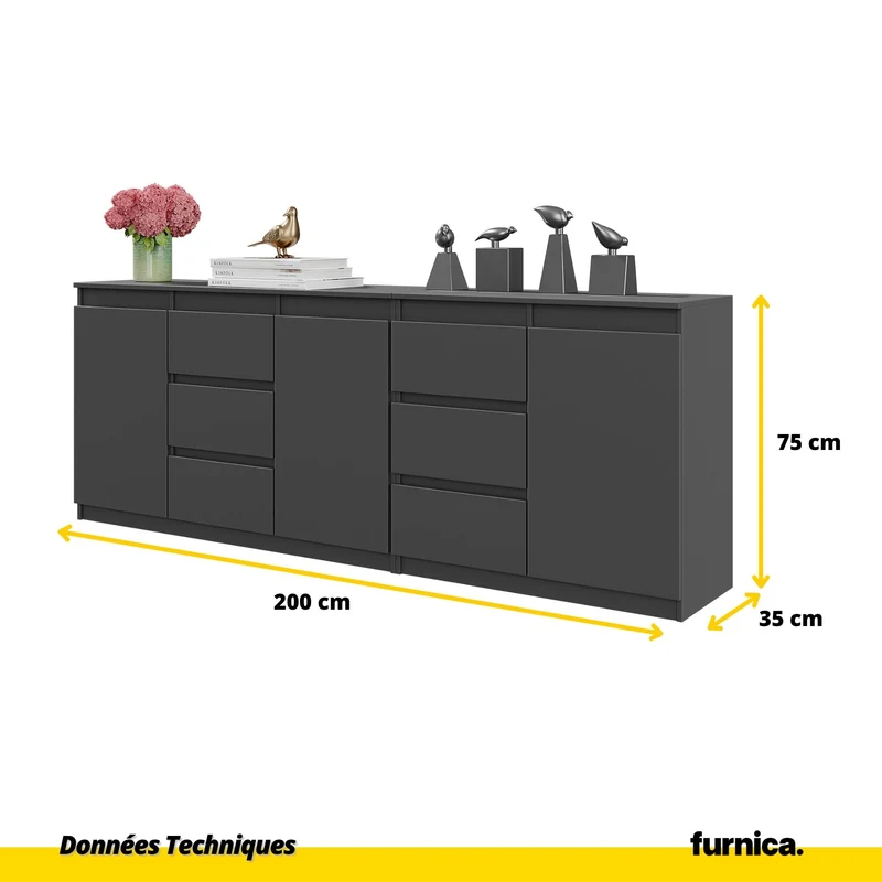 MIKEL - Commode 6 Tiroirs et 3 Portes - Armoire de Rangement pour Couloir / Chambre à Coucher - Buffet - Anthracite H75cm L200cm P35cm