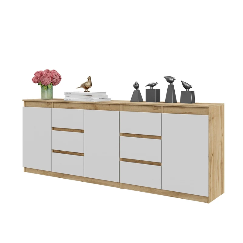 MIKEL - Commode 6 Tiroirs et 3 Portes - Armoire de Rangement pour Couloir / Chambre à Coucher - Buffet - Chêne Wotan / Blanc Mat H75cm L200cm P35cm
