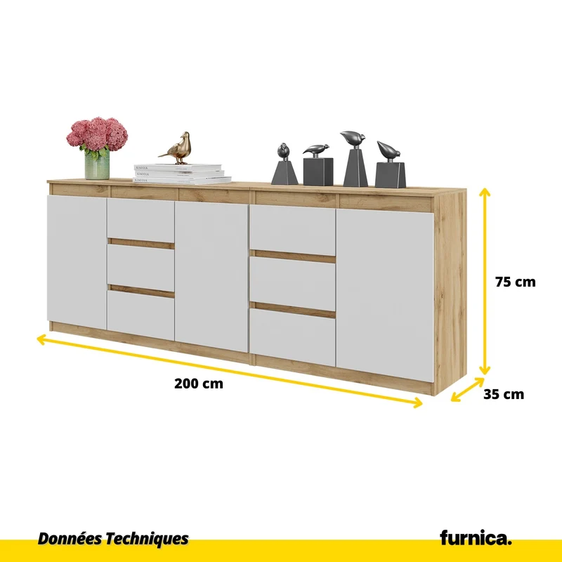 MIKEL - Commode 6 Tiroirs et 3 Portes - Armoire de Rangement pour Couloir / Chambre à Coucher - Buffet - Chêne Wotan / Blanc Mat H75cm L200cm P35cm