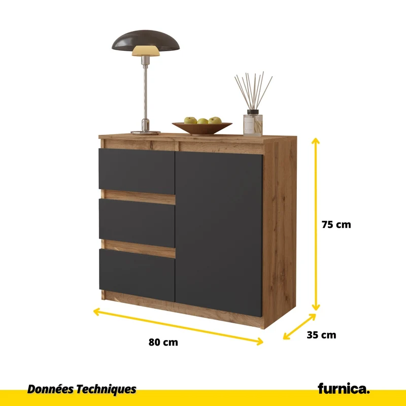 MIKEL - Commode 3 Tiroirs et 1 Porte - Armoire de Rangement pour Couloir / Chambre à Coucher - Buffet - H75cm L80cm P35cm (Chêne Wotan / Anthracite)