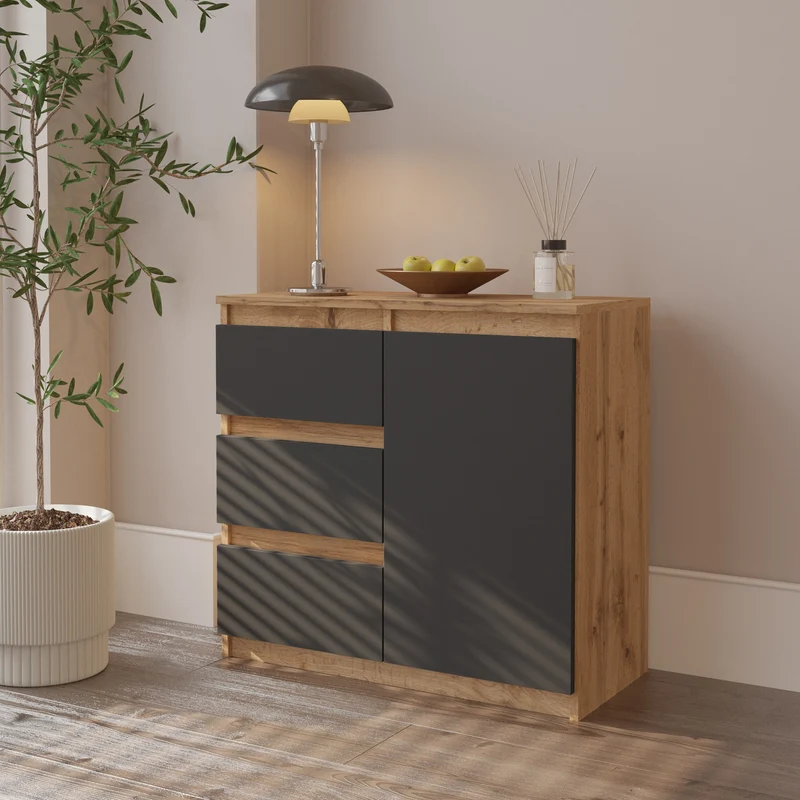 MIKEL - Commode 3 Tiroirs et 1 Porte - Armoire de Rangement pour Couloir / Chambre à Coucher - Buffet - H75cm L80cm P35cm (Chêne Wotan / Anthracite)