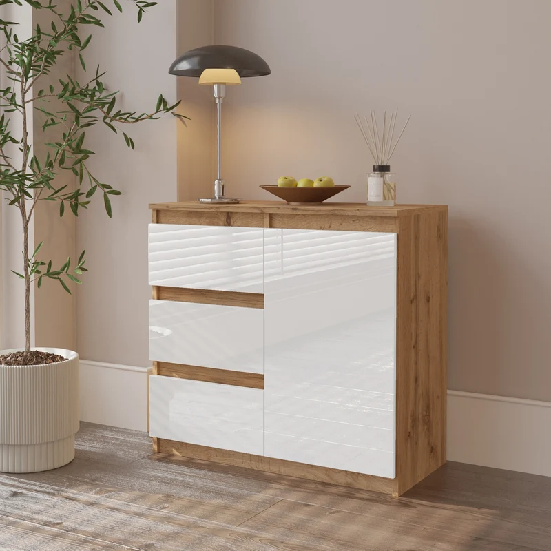 MIKEL - Commode 3 Tiroirs et 1 Porte - Armoire de Rangement pour Couloir / Chambre à Coucher - Buffet - H75cm L80cm P35cm (Chêne Wotan / Blanc Brillant)