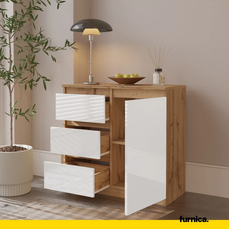 MIKEL - Commode 3 Tiroirs et 1 Porte - Armoire de Rangement pour Couloir / Chambre à Coucher - Buffet - H75cm L80cm P35cm (Chêne Wotan / Blanc Brillant)