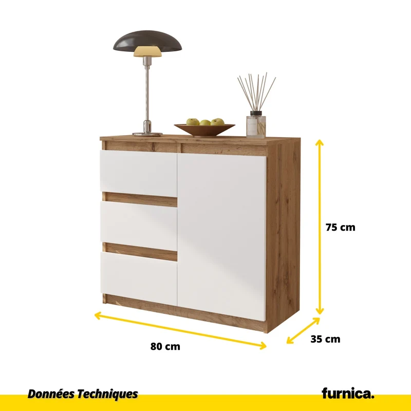 MIKEL - Commode 3 Tiroirs et 1 Porte - Armoire de Rangement pour Couloir / Chambre à Coucher - Buffet - H75cm L80cm P35cm (Chêne Wotan / Blanc)