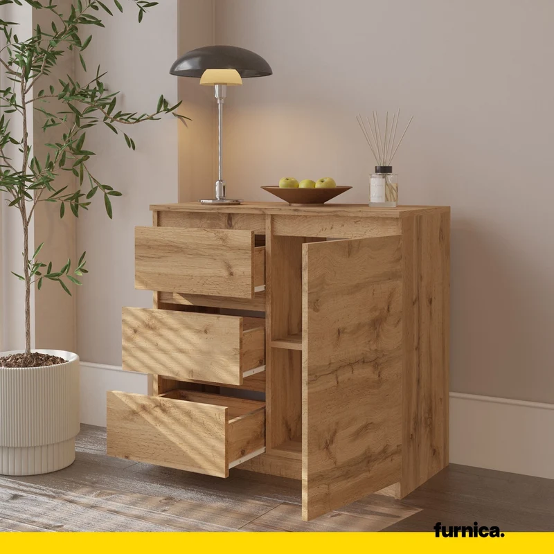 MIKEL - Commode 3 Tiroirs et 1 Porte - Armoire de Rangement pour Couloir / Chambre à Coucher - Buffet - H75cm L80cm P35cm (Chêne Wotan)