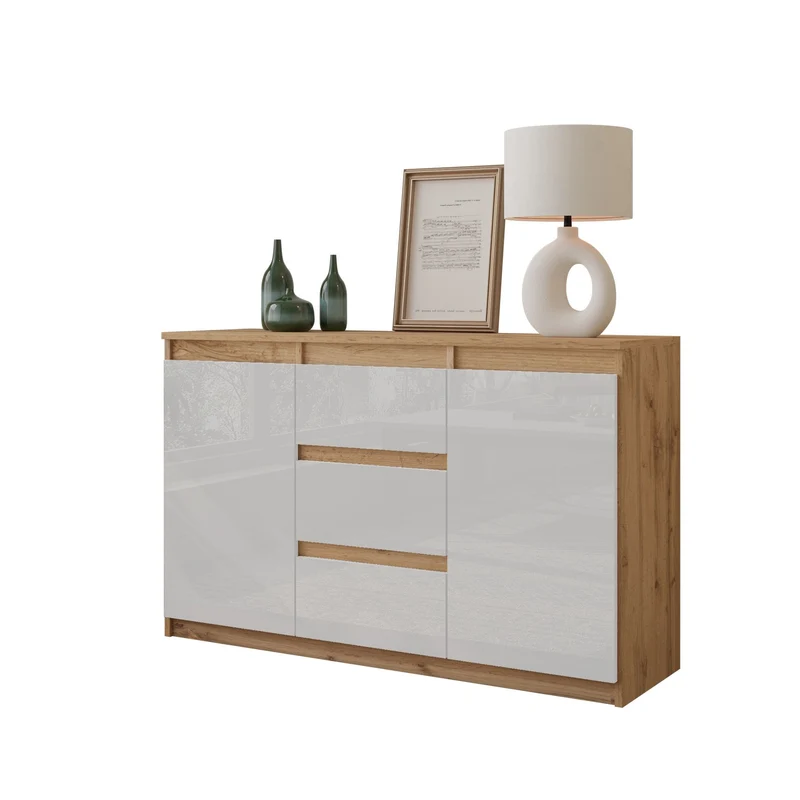 MIKEL - Commode 3 Tiroirs et 2 Portes - Armoire de Rangement pour Couloir / Chambre à Coucher - Buffet - H75cm L120cm P35cm (Chêne Wotan / Blanc Brillant)
