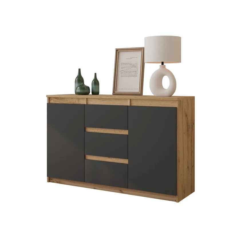 MIKEL - Commode 3 Tiroirs et 2 Portes - Armoire de Rangement pour Couloir / Chambre à Coucher - Buffet - H75cm L120cm P35cm (Chêne Wotan / Anthracite)