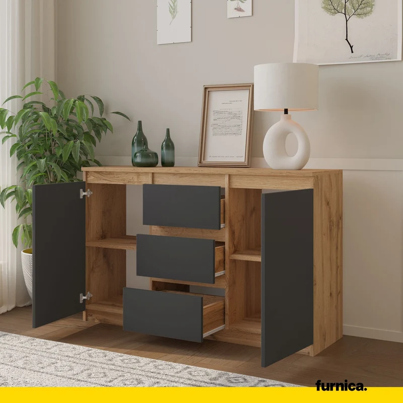 MIKEL - Commode 3 Tiroirs et 2 Portes - Armoire de Rangement pour Couloir / Chambre à Coucher - Buffet - H75cm L120cm P35cm (Chêne Wotan / Anthracite)